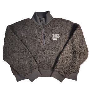 Victoria's Secret PINK Black Sherpa Cropped Half Zip Pullover Sweater Size Large